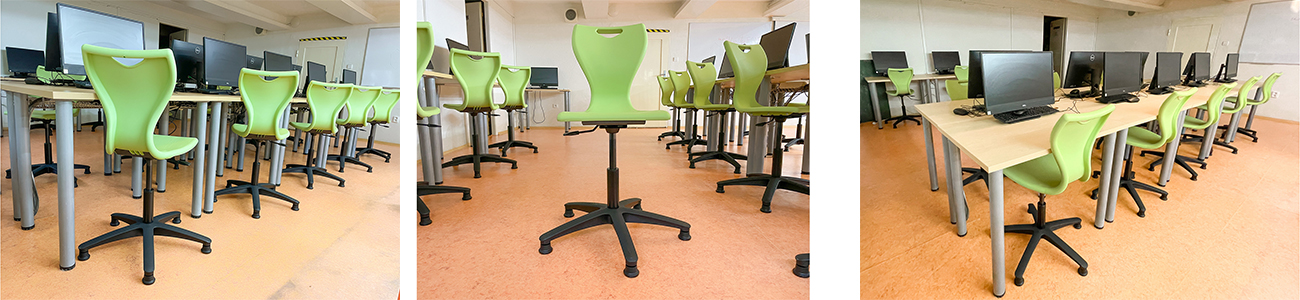 Výškově nastavitelná školní židle CLASSIC s&nbsp;ergonomickým sedákem z&nbsp;recyklovaného plastu.